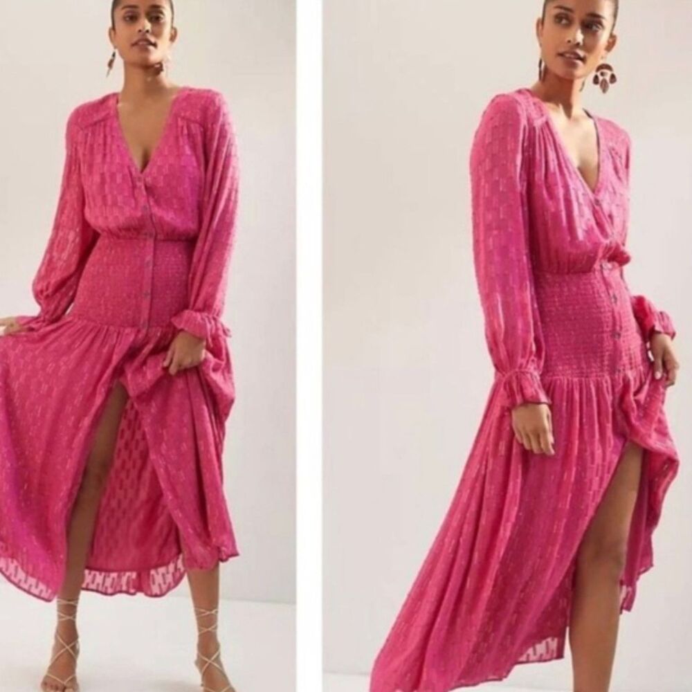 Anthropologie Dress Womens Small Pink Metallic Long Sleeve Shirt Dress Maxi
